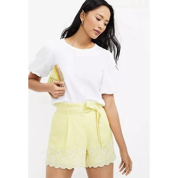 LOFT Paperbag Eyelet Shorts Women’s Small Bright Yellow Scallop Hem NWT Summer‎ - Picture 1 of 8